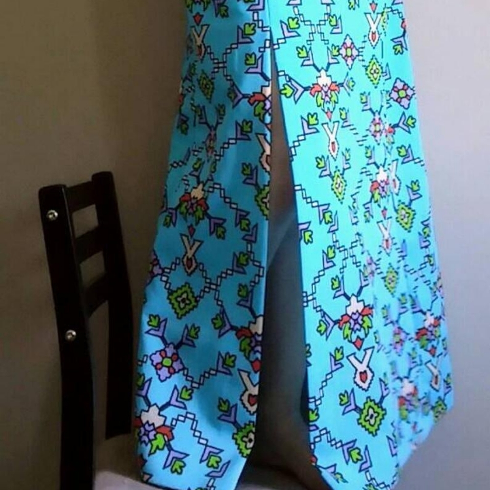 60's Cheongsam Turquoise Aztec Designer Dress - Picture 5 of 9